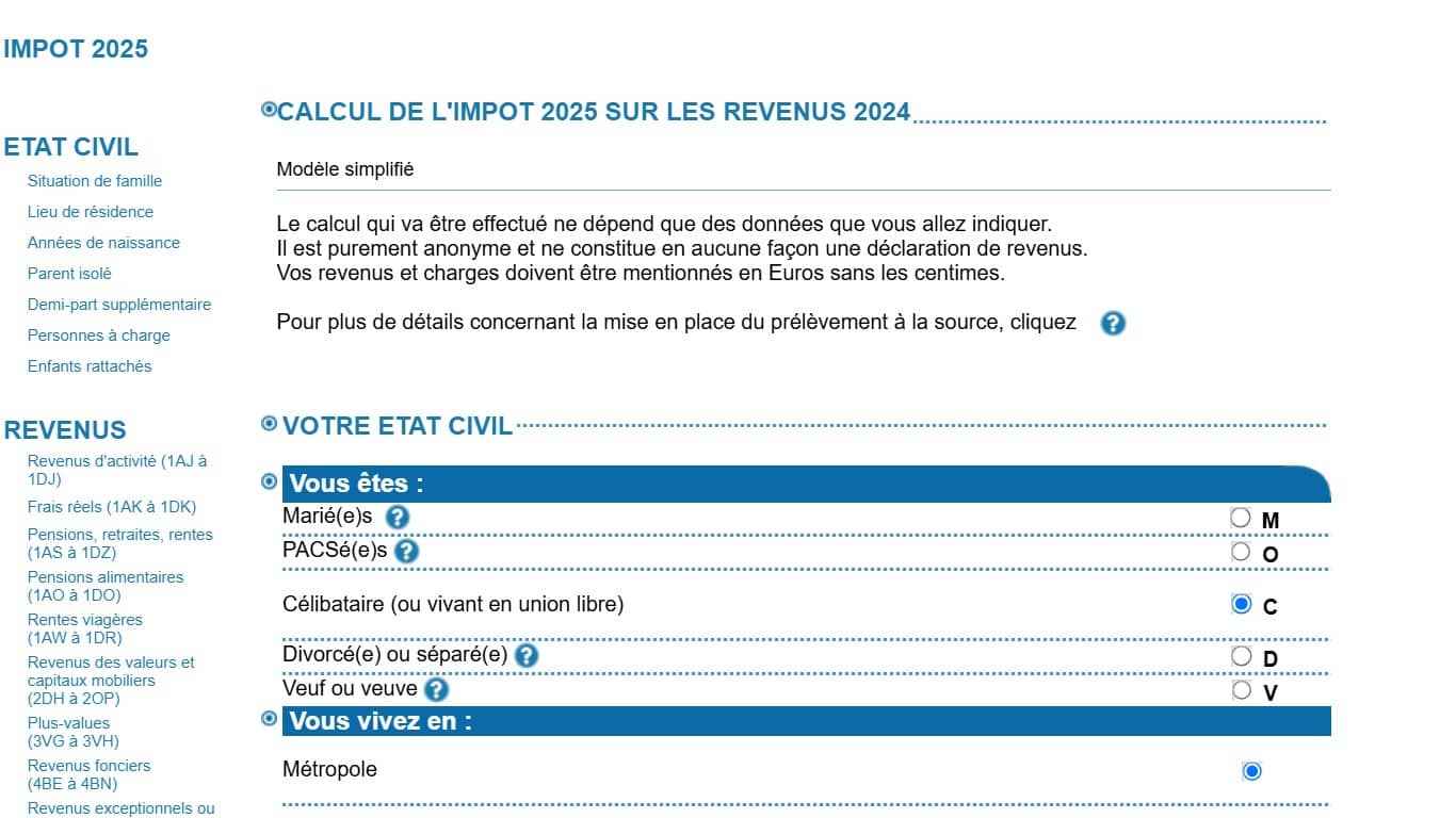 Calcul impôts 2025 : modèle simplifié (Crédit : impôts.gouv.fr)