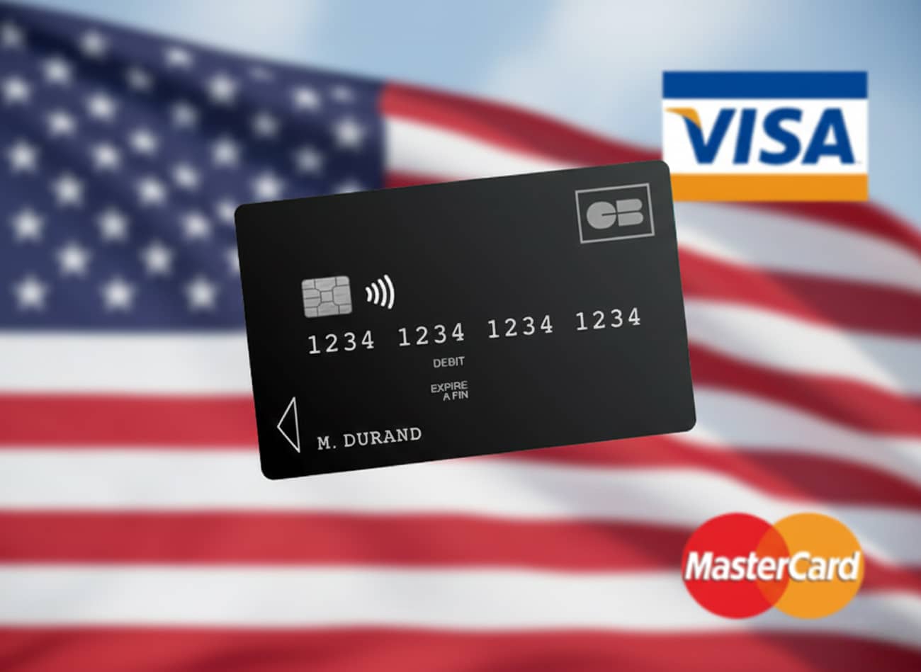 Carte bancaire française CB sur un drapeau USA avec Visa et Mastercard (Crédit Alex.I)