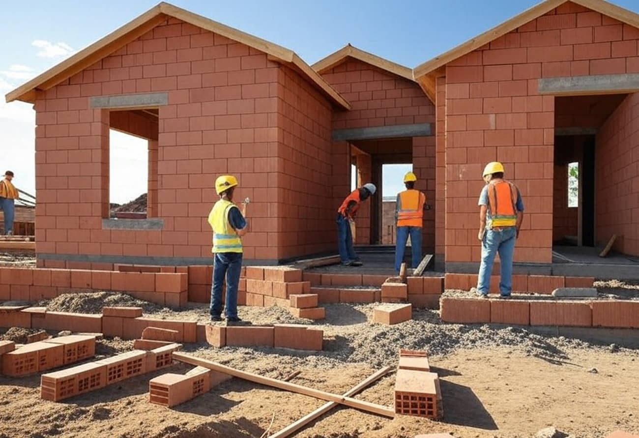 Maison en construction en parpaings de terre cuite (Crédit : Alex.I Grok)