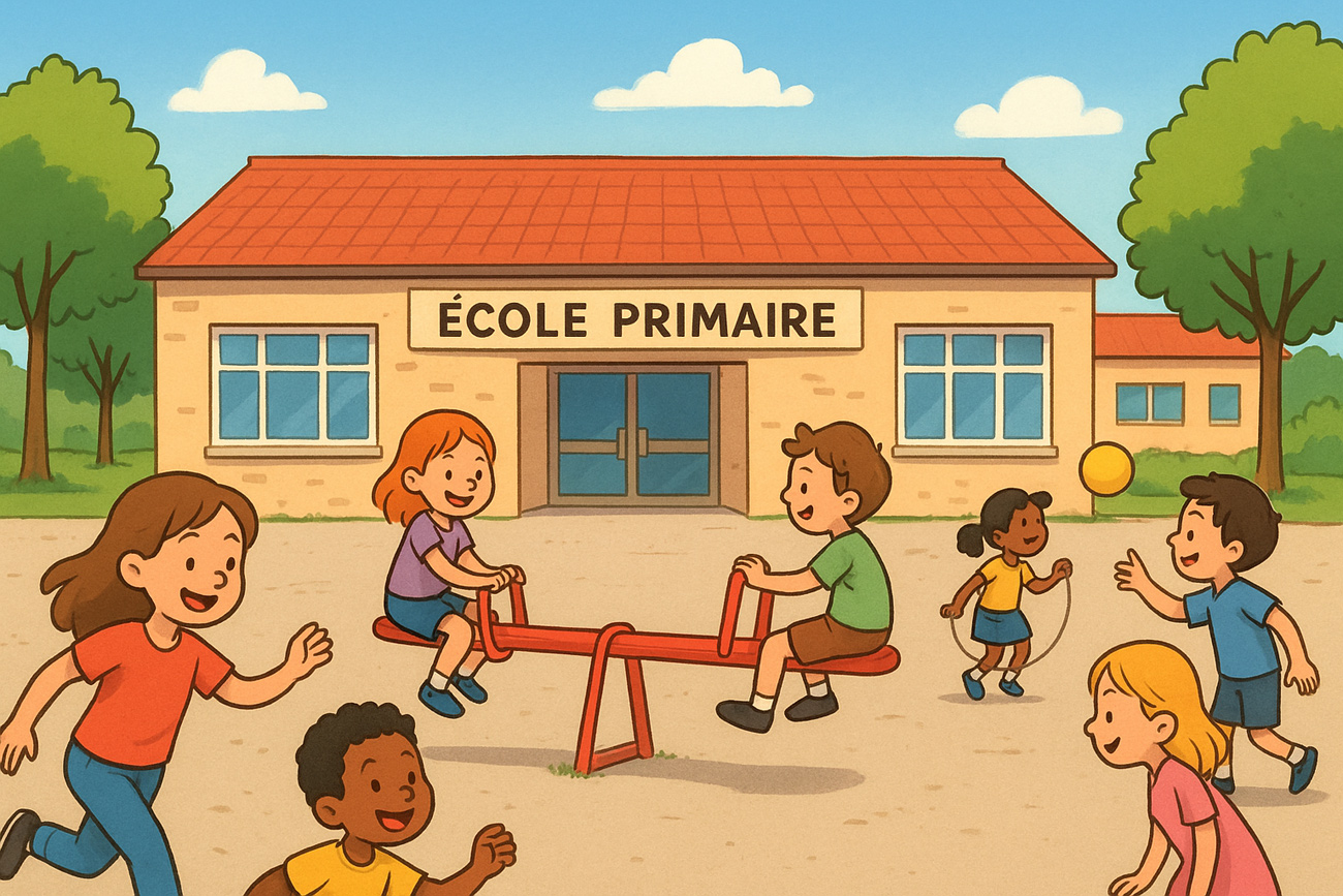 Des enfants qui jouent dans une cours d’école primaire (Crédit : dessin Alex.I)