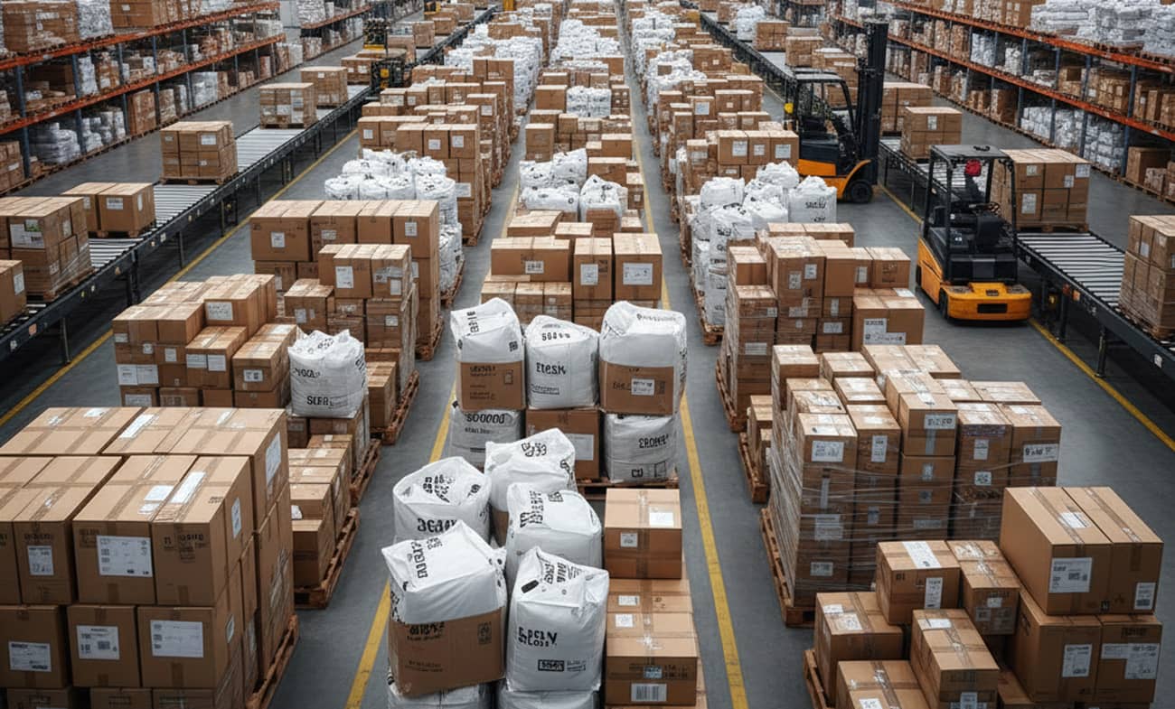 Un entrepôt avec des colis (Crédit : Alex.I)