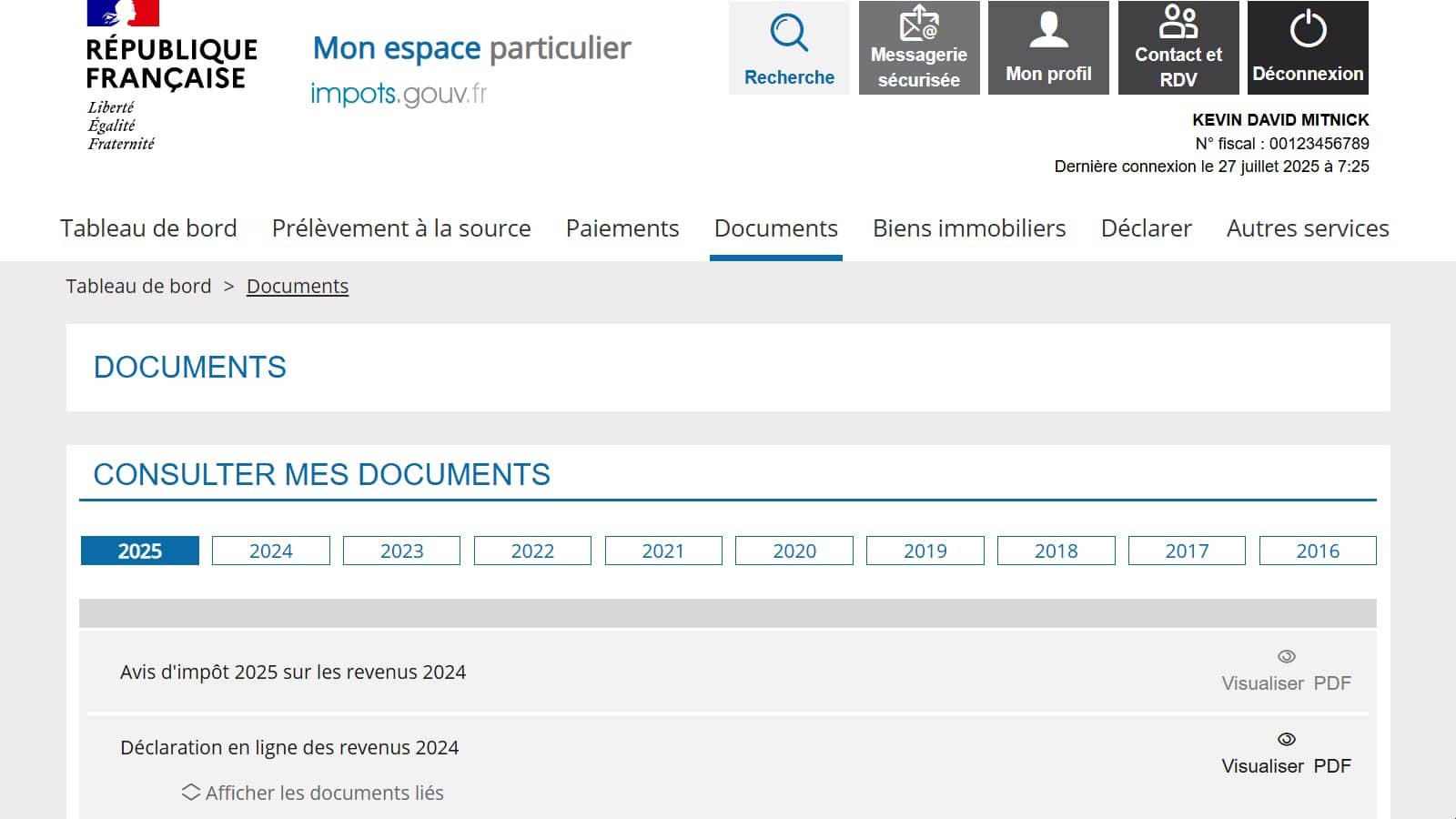 Espace particulier pour consulter ses documents (Crédit : capture site des impôts)