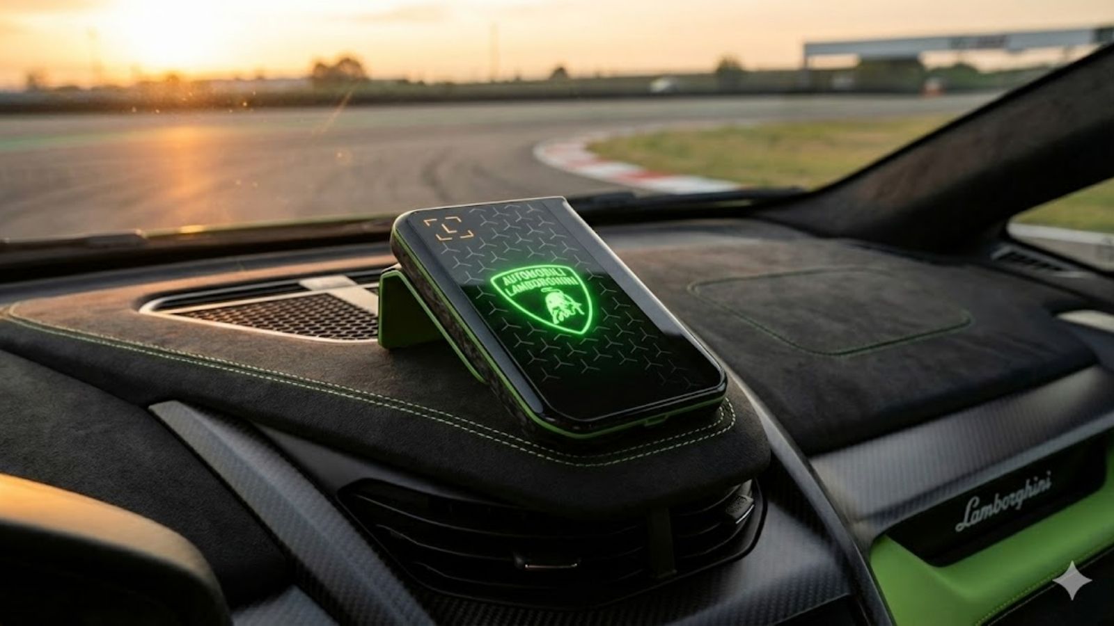 Une Ledger Stax sur un tableau de bord d'une Lamborghini (Crédit : Alex.I)