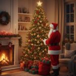 Le Père Noël distribuant des cadeaux devant un sapin (Crédit : Alex.I)