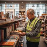 Un sénior au travail dans une librairie papeterie (Crédit Alex.I)