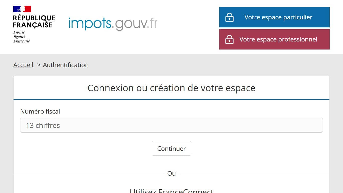 Page de connexion de l’administration fiscale (Crédit : capture site web des impôts)