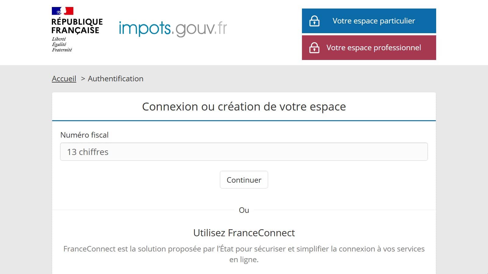 Page de connexion du site des impôts (Crédit : capture site impôts.gouv.fr)