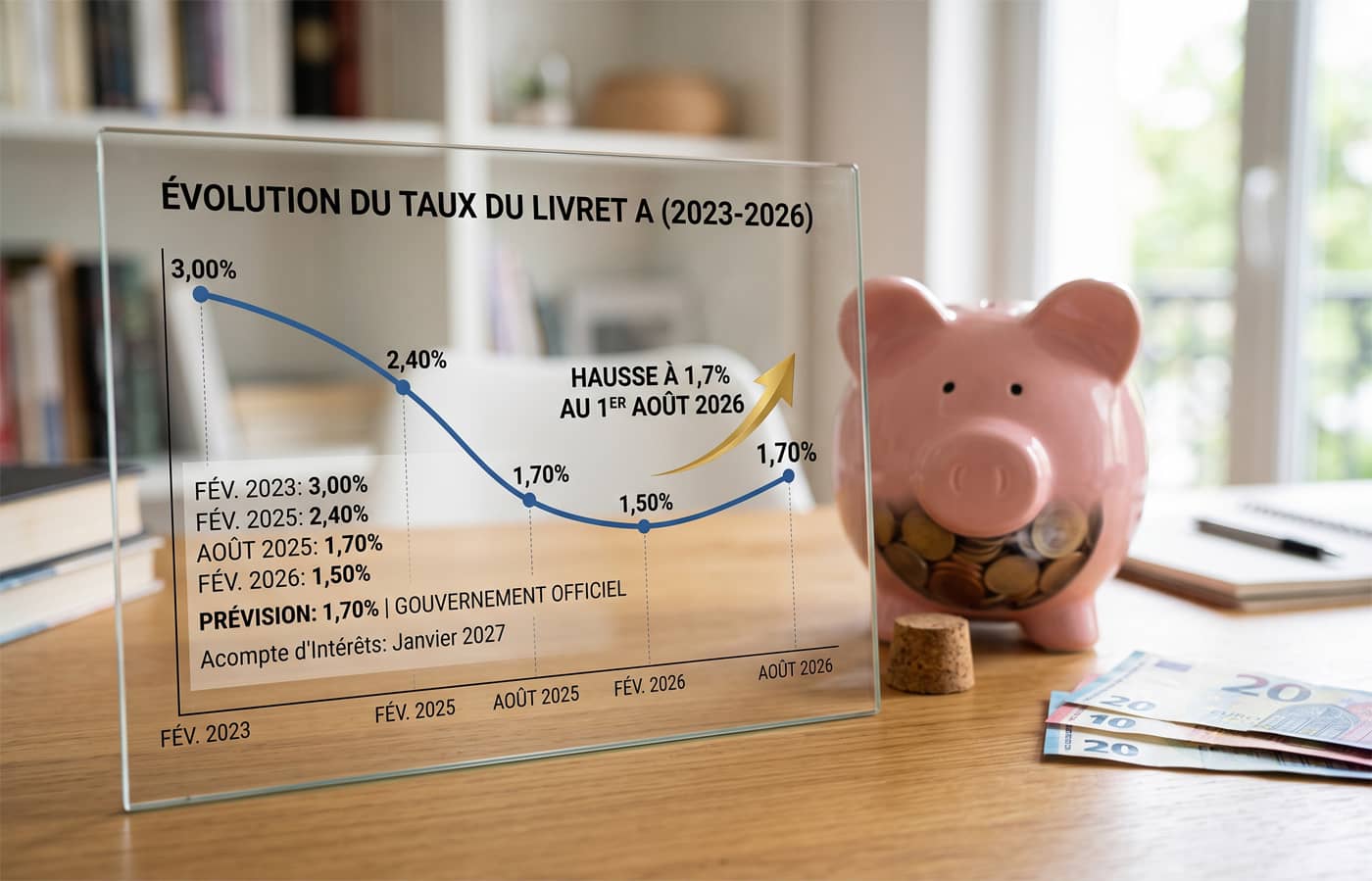Le taux du Livret A de 2023 à 2026 avec une tirelire cochon (Crédit : Alex.I)