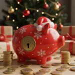 Une tirelire et des euros aux couleurs de Noël (Crédit : Alex.I)