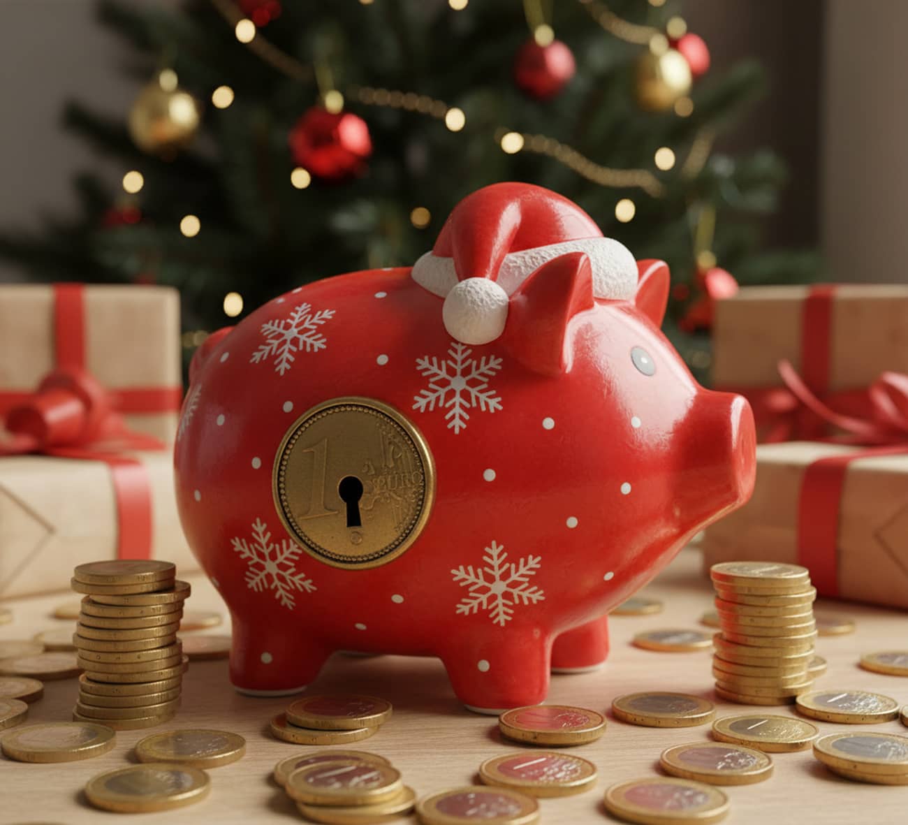 Une tirelire et des euros aux couleurs de Noël (Crédit : Alex.I)